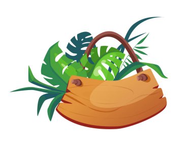 Carefully designed handbag surrounded by tropical plants flat vector illustration the tropical style and wooden purse give a unique sunday look to the design clipart