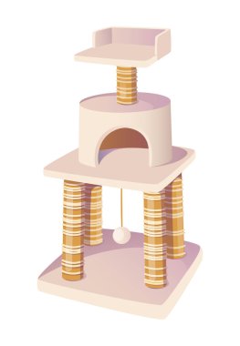 Çok katlı gri ve bej renkli kedi ağacının düz vektör çizimi ve kedilerin uyuduğu ve çizildiği rahat bir kabin.