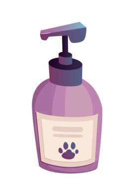 Pompalı mor evcil hayvan şampuanı şişesi. Beyaz arka planda izole edilmiş hayvan bakım ürünleri için düz vektör çizimi.