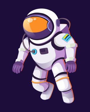 Uzay giysisindeki astronot karakter uzay boşluğunun karanlık boşluğunda yüzüyor parlak renkler ve keşif ve macera hissi.