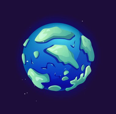 Uzayda yüzen mavi ve yeşil gezegen soyut kıtalara sahip düz vektör çizimi