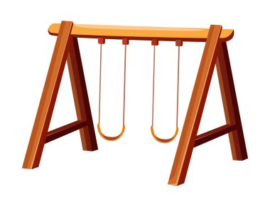 Düz bir beyaz arkaplana karşı düz bir vektör illüstrasyon formatında sunulan çocuklar için tasarlanmış ahşap bir salıncak.