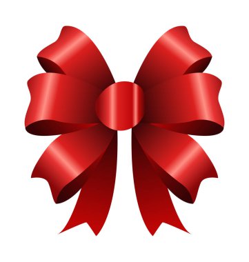 Kırmızı hediye yayı, düz vektör çiziminde detaylı parlak bir kurdele hediye paketi için zarif bir şenlik dekorasyonu gösteriyor.