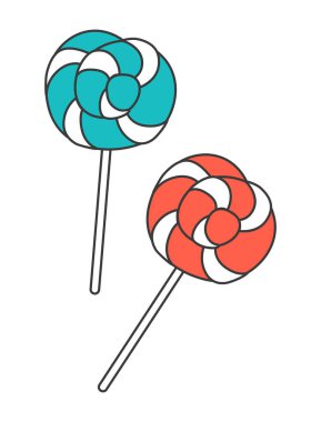 İki parlak renkli lolipop düz vektör çizim stiliyle betimlenmiş girdap desenli