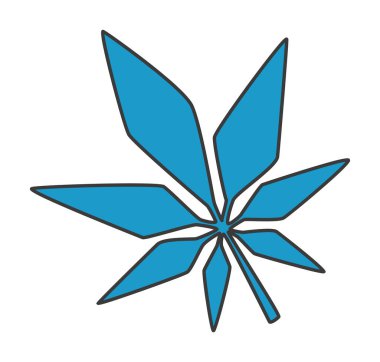 Mavi geometrik yaprak çizimi düz stil soyut simetrik tasarım keskin açısal bir formda parlak mavi bir bitki yaprağını tasvir eder.