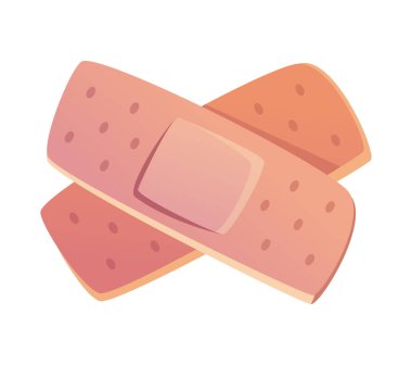 Yumuşak pastel renkte iki çapraz yapıştırıcı bandajın düz vektör çizimi. Bandajlar tıbbi temalı tasarımlar için mükemmel basit bir şekilde gösteriliyor.
