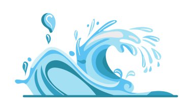 Mavi tonlarda bir okyanus dalgasının düz vektör çizimi dalga yükseliyor ve çarpıyor gibi görünüyor sıçramalı dinamik bir su sahnesi yaratıyor