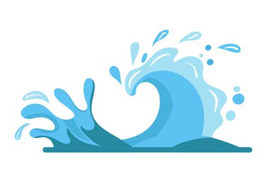 Mavi bir okyanus dalgası beyaz bir arka plan düz vektör illüstrasyonuna çarpıyor. Denizin dinamik hareketini ve canlandırıcı doğasını temsil ediyor.