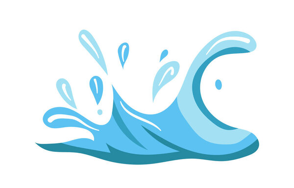 Эта плоская векторная иллюстрация представляет собой голубую волну со шпицами в ярком и динамичном стиле, дизайн океанских волн включает в себя чистую голубую воду и шпионские капли, идеально подходящие для морских тем