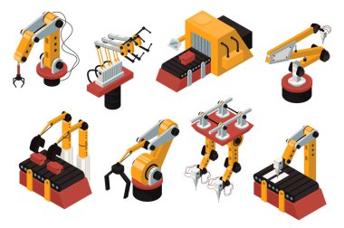 İzometri grafik tasarımında robot otomasyonu 3d izometrik mega set. Otomatik üretim ve taşıma hatları için farklı tip robotik silah ve araçların koleksiyon elemanları. Vektör illüstrasyonu.