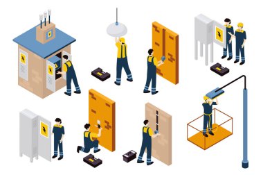 Teknisyen elektriği 3d izometrik mega set izometri grafik tasarımı. Transformatör kabininin tahsilat elemanları, lamba onarımı, kablolar, kablolar, elektrik şebekesi, diğer şeyler. Vektör illüstrasyonu.