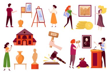 Açık arttırma mega set elementleri düz grafik tasarımında. Alıcıların teklifleri, sanat eserleri, vazolar ve heykeller galeri veya müzede satılıyor, çekiç, para nakdi ve diğerleri. Vektör illüstrasyonu.