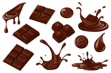 Çikolata düz grafik tasarımı elementleri. Tatlı kahverengi kakao eriyen nesneler, doğranmış siyah çikolata, şeker, damlacıklar, akan akarsular, sıvı krema lekeleri. Vektör illüstrasyonu.