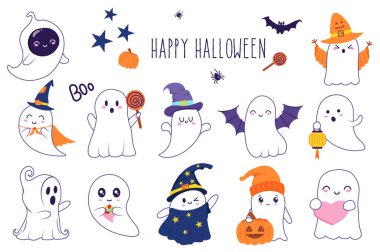 Cadılar Bayramı sevimli hayaletleri düz grafik tasarım elementleri ayarlar. Maskeli, cadı ya da büyücü şapkalı, yarasa kanatlı, elinde şeker, balkabağı ya da fener tutan tuhaf ruhların nesneleri. Vektör illüstrasyonu.