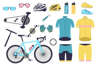 Dağ bisikleti parçaları düz grafik tasarımında elementler oluşturur. Bisiklet eşyaları, araç parçaları ve aksesuarlar, gözlükler, miğfer, su şişeleri, bisiklet spor kıyafetleri, diğer şeyler. Vektör illüstrasyonu.