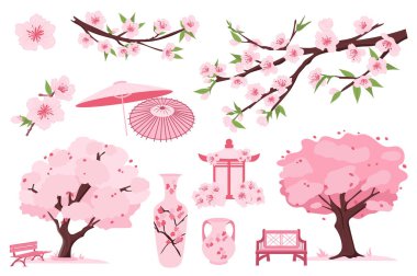 Sakura çiçekleri düz grafik tasarımında elementler oluşturur. Pembe kiraz çiçekleri, çiçek dalları, bahar ağaçları, park bankları, Japon şemsiyesi, pagoda çardağı, vazolar. Vektör illüstrasyonu.