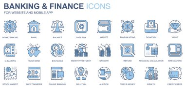 Bankacılık ve finans web simgeleri duotone hat tasarımında ayarlandı. Para kazanma, banka, bakiye, kasa, cüzdan, fon avcılığı, bağış, değer, diğer taslak felçli piktogramlar. Vektör illüstrasyonu