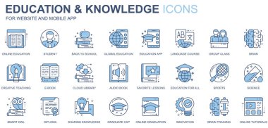 Duotone çizgi tasarımında eğitim ve bilgi web simgeleri oluşturuldu. Çevrimiçi, öğrenci, okula geri dönüş, dil kursu, grup sınıfı, beyin, kitap, diğer özet çizgi resimtogramları. Vektör illüstrasyonu