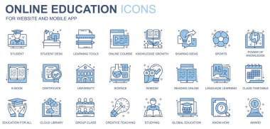 Online eğitim web simgeleri duotone line tasarımı olarak ayarlandı. Bir sürü öğrenci, masa, öğrenme araçları, ders, bilgi gelişimi, paylaşım fikri, üniversite, diğer ana hatlı çizim resimtogramları. Vektör illüstrasyonu