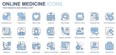 Online tıp web simgeleri duotone hat tasarımında ayarlandı. İlaç, teşhis, kalp bakımı, hastane, sağlık sigortası, diş sağlığı, doktor, diğer taslak felç resimtogramları. Vektör illüstrasyonu