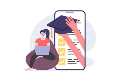 İnternet için modern düz tasarım konseptine geri dönelim. Öğrenci internetten öğreniyor ve uzaktan bilgisayarla çalışıyor, mobil başvuru sınavını geçiyor ve mezuniyet şapkası alıyor. Görüntü.