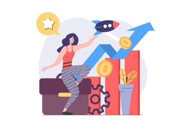 İnternet için modern daire tasarımındaki iş aktiviteleri konsepti. Strateji analizi yapan ve şirket kurma, zorluklar planlama ve finans yatırımı yapan kadın girişimci. Görüntü.