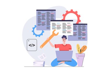 Web için modern düz tasarım geliştirme ve programlama kavramı. Dizüstü bilgisayarda çalışan ve ekranlarda yazılım kodu yaratan, hataları düzelten ve sistem bakımı yapan programcı. Görüntü.