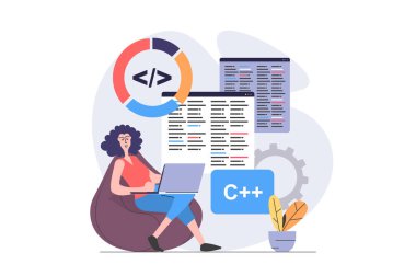 Web için modern düz tasarım geliştirme ve programlama kavramı. Dizüstü bilgisayarda çalışan ve ekranlarda kodlayan, hataları tamir eden, bakım ve optimizasyon yapan kadın geliştirici. Görüntü.