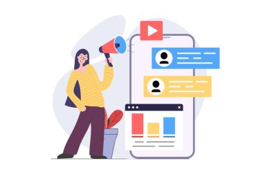 İnternet için modern düz tasarımda dijital pazarlama kavramı. Megafonlu bir kadın mobil sosyal medya uygulamalarında izleyiciler için promosyon yapıyor, verileri ve kampanya analizlerini analiz ediyor. Görüntü.