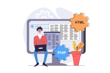 Web için modern düz tasarım programcıları konsepti. Bilgisayarda ve bilgisayar ekranında kodlarla çalışan insan geliştirici, programlar, mühendislik yazılımı ve yeni ürünler yaratıyor. Görüntü.