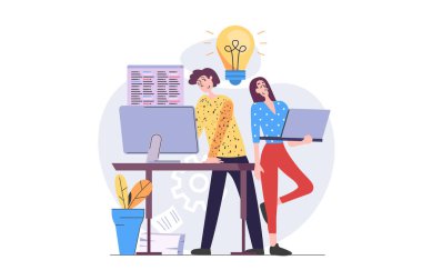 Web için modern düz tasarım programcıları konsepti. Geliştiriciler bilgisayar ve dizüstü bilgisayarda kodlarla çalışıyor, beyin fırtınası yapıyor, programlar ve yazılımlar yaratıyor, ürünleri geliştiriyor. Görüntü.