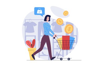 İnternet için modern daire tasarımında alışveriş konsepti. Süpermarket arabalı bir kadın butik mağazalarında ve giyim mağazalarında kelepir alışverişler yapıyor, en iyi fiyatlarla ürünler alıyor. Görüntü.