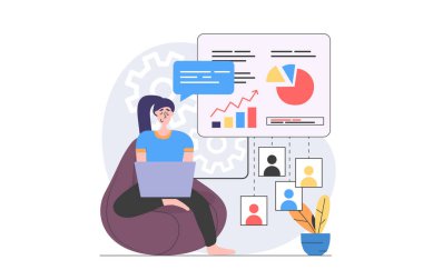 Web için modern daire tasarımı konsepti. Uzaktan iş yapan ve veri analizi yapan bir kadın takım çalışması için online meslektaşlarıyla bağlantı paylaşıyor. Görüntü.