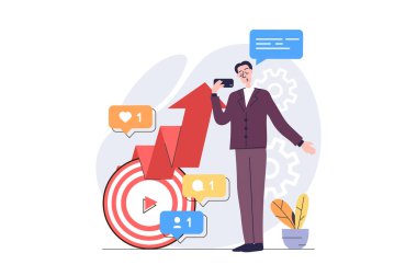 Web için modern düz tasarım video pazarlama konsepti. Adam modaya uygun video içeriği yaratıyor, blogda çevrimiçi yayın yapıyor, hedef kitleye başarılı İnternet tanıtımı yapıyor. Görüntü.