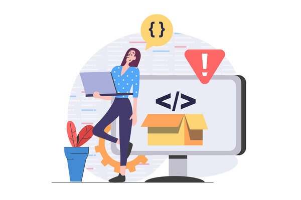 Development and programming concept in modern flat design for web. Woman developer creating software product at laptop, testing program accessibility and making optimization. Illustration.