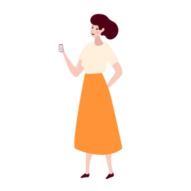 Kadın akıllı telefonu düz tasarımda tutuyor. Mobil uygulamada sanat araştırması yapan bir kız. Vektör çizimi izole edildi.