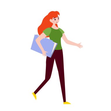 Düz dizaynlı klasörler kadının elinde. Dosyasında evrakları olan bir iş kadını. Vektör çizimi izole edildi.