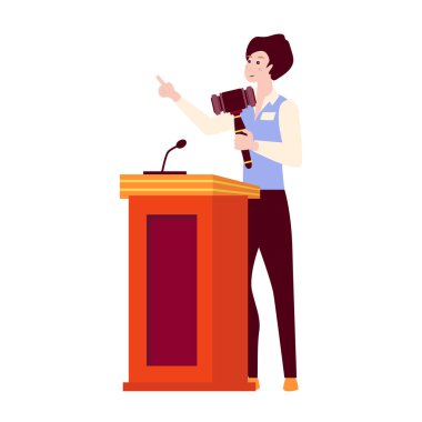 Düz tasarımla Tribündeki adam açık arttırmada. Çekiç satan bir satıcı. Vektör çizimi izole edildi.