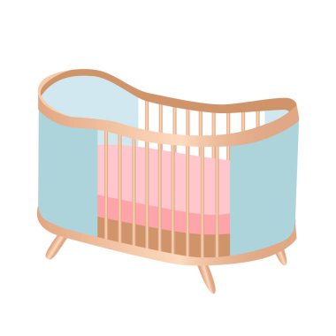 Düz dizayn edilmiş şirin bir bebek karyolası. Pembe şilteli ve mavi tekstili çocuk beşiği. Vektör çizimi izole edildi.