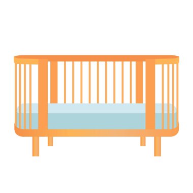 Düz dizayn edilmiş şirin bir bebek karyolası. Mavi şilteli tahta bebek beşiği. Vektör çizimi izole edildi.