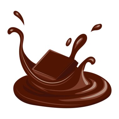 Çikolata küpü düz tasarımda sıvıya dökülüyor. Kremalı kakao şekeri. Vektör çizimi izole edildi.
