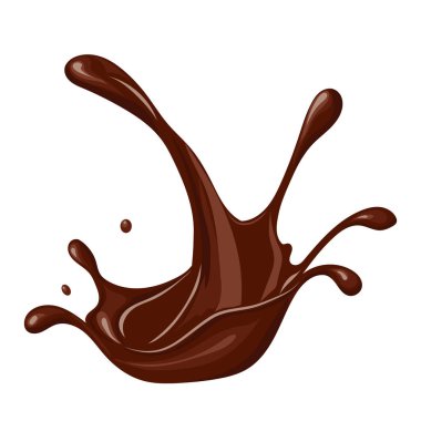 Düz tasarımda çikolata likörü sıçraması. Kakao sıvısı dökülüp dökülüyor. Vektör çizimi izole edildi.