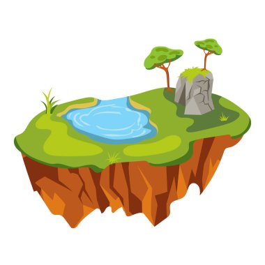 Düz dizaynlı uçan ada. Ağaçlı, taşlı, göl ve çimenli bir platform. Vektör çizimi izole edildi.