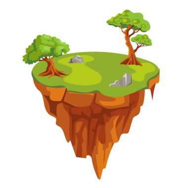 Düz dizaynlı uçan ada. Ağaçlı, taşlı ve çimenli bir platform. Vektör çizimi izole edildi.