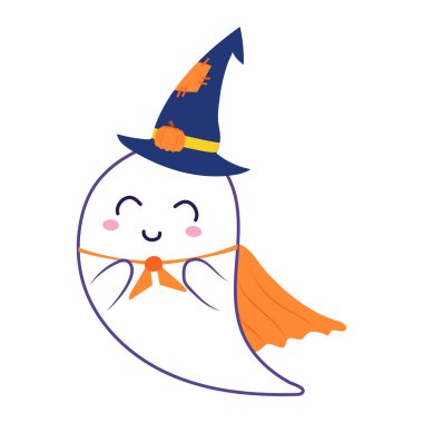 Düz dizayn edilmiş Cadılar Bayramı hayaleti. Cadı şapkası ve pelerinli mutlu ruh. Vektör çizimi izole edildi.