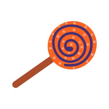 Düz dizaynlı Cadılar Bayramı şekeri. Tatil için turuncu çizgili girdap lolipopu. Vektör çizimi izole edildi.