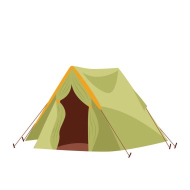 Düz dizaynlı yürüyüş çadırı. Gezide koruyucu tekstil barınağı kuruyorlar. Vektör çizimi izole edildi.
