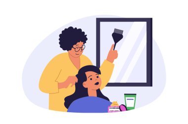 İnternet için modern düz tasarımlı güzellik salonu konsepti. Profesyonel boyalı ve fırça boyalı kadın saçı olan kuaför stüdyoda ayna ile kozmetik bakım yapıyor. Vektör illüstrasyonu.