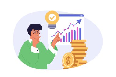 İnternet için modern daire tasarımında iş ve finans kavramı. Finansal gelir hesaplayan ve grafiği analiz eden bir işadamı, kâr geliştirme için yatırım fikirleri üretiyor. Vektör illüstrasyonu.