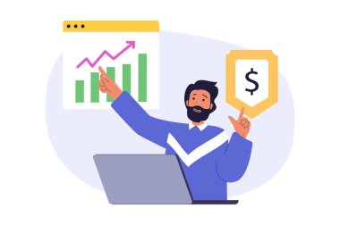 İnternet için modern daire tasarımı konsepti. Finans stratejisini kurtarmak, çözümler bulmak, şirketi geliştirmek ve dizüstü bilgisayarda çalışmak suretiyle finansal tabloyu analiz eden bir işadamı. Vektör illüstrasyonu.